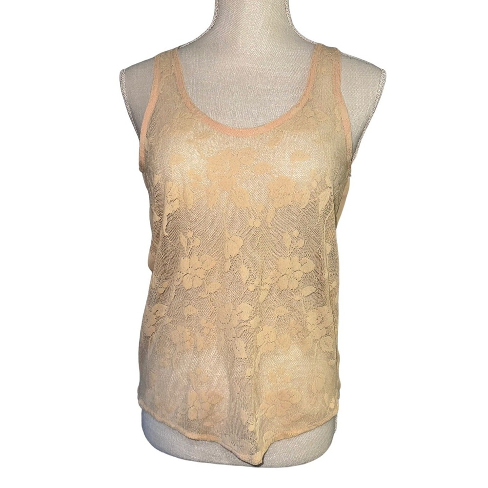 Iris Women's Beige Floral Lace Mesh Tank Cami Top Size S Key Hole Sheer Scoop